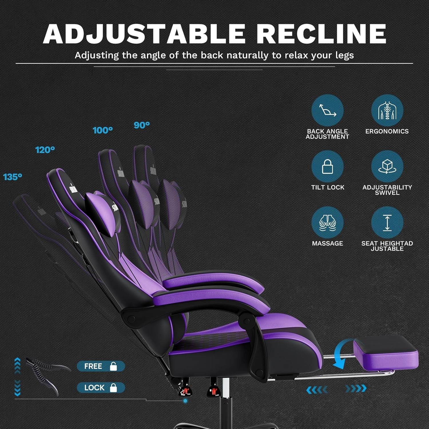 Ergonomic Gaming Chair with Footrest & Massage Support – Black Purple PC Seat