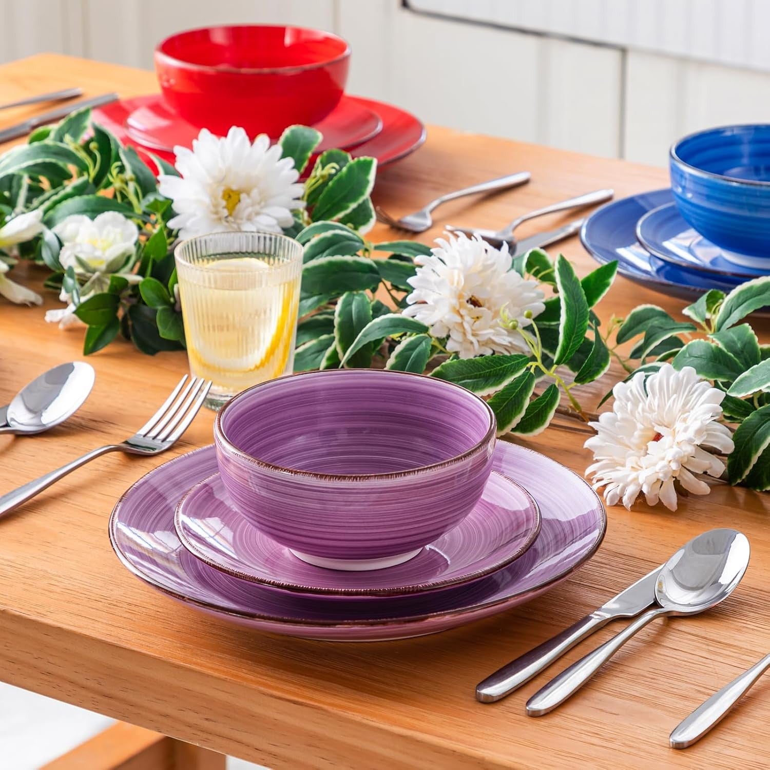 18pc Stoneware Dinner Set for 6 Multicolour Plates Bowls Hand Painted