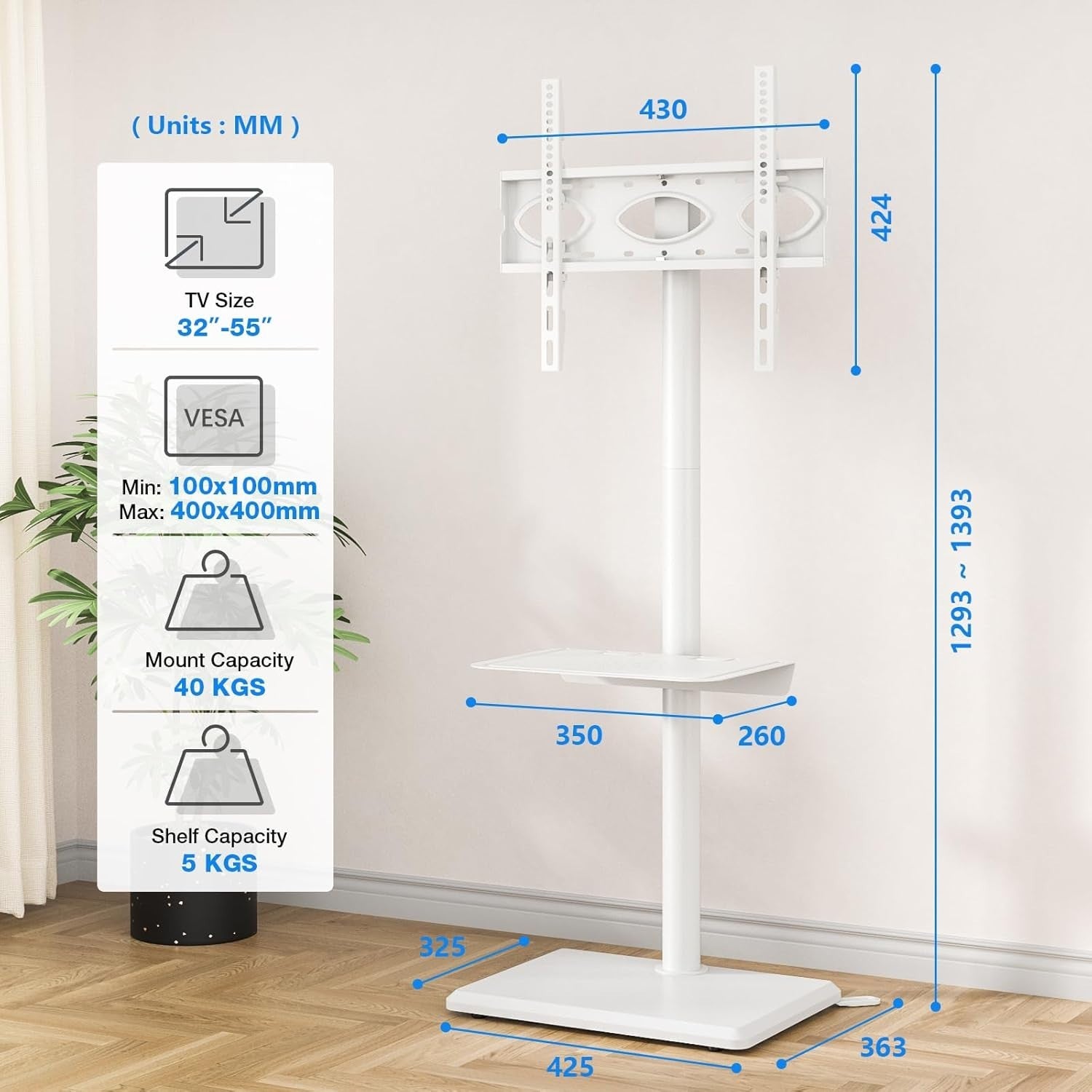 Tall Swivel TV Floor Stand for 32-55" with Mount, Shelf & Cable Tidy
