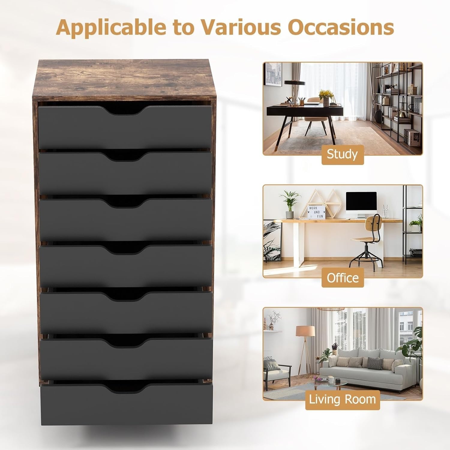 Rustic Brown Mobile Filing Cabinet 7 Drawer Storage Unit Wheels for Home Office