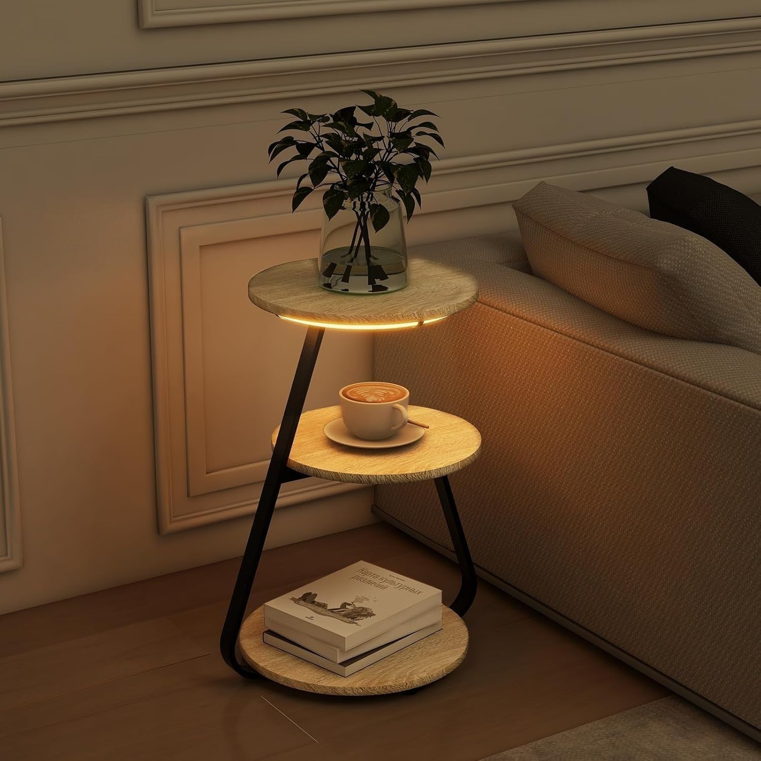 Set of 2 Oak LED Side Tables with 3-Tier Storage – Small Round Coffee Tables