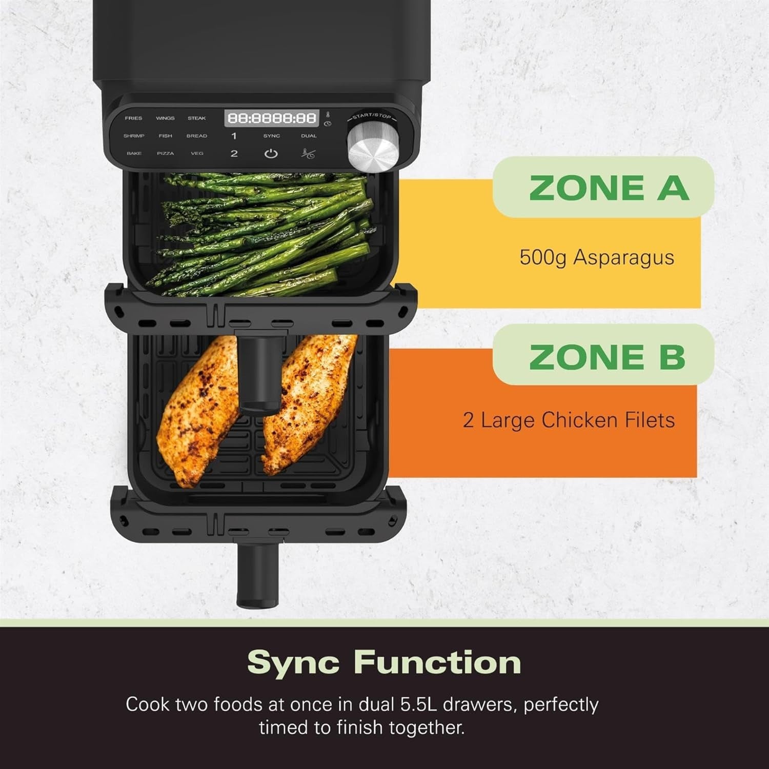 11L XXL Dual Zone Air Fryer 2x5.5L Stack Drawers Sync Finish Slim Design
