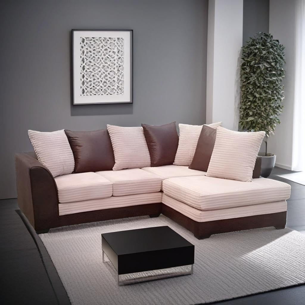 Brown Beige 5-Seater L-Shaped Corner Sofa with Durable Faux Leather & Cord
