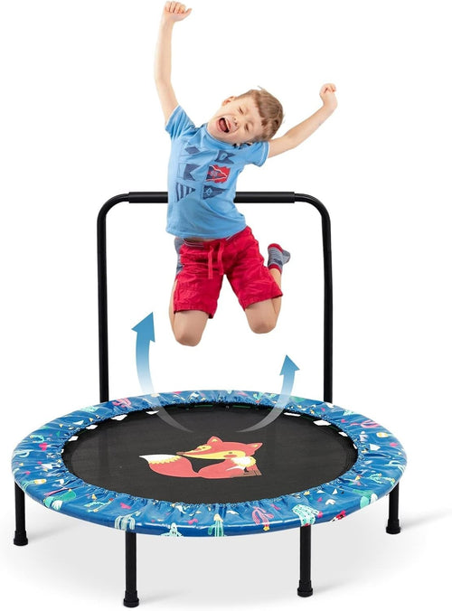 38'' Kids Mini Trampoline Foldable Quiet Rebounder Adjustable Handle Green