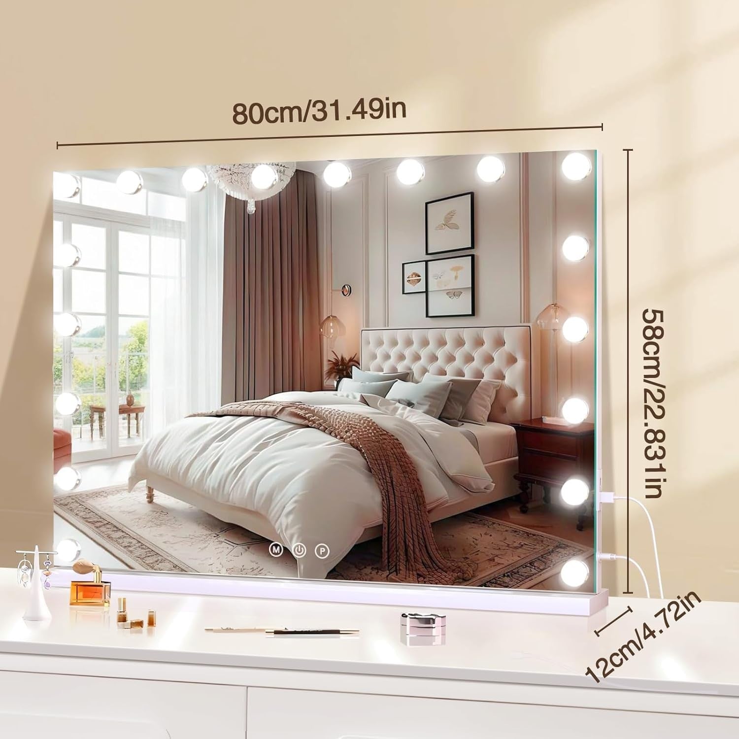 Hollywood Vanity Mirror with Lights, Touch Control, USB Ports, 60x80cm