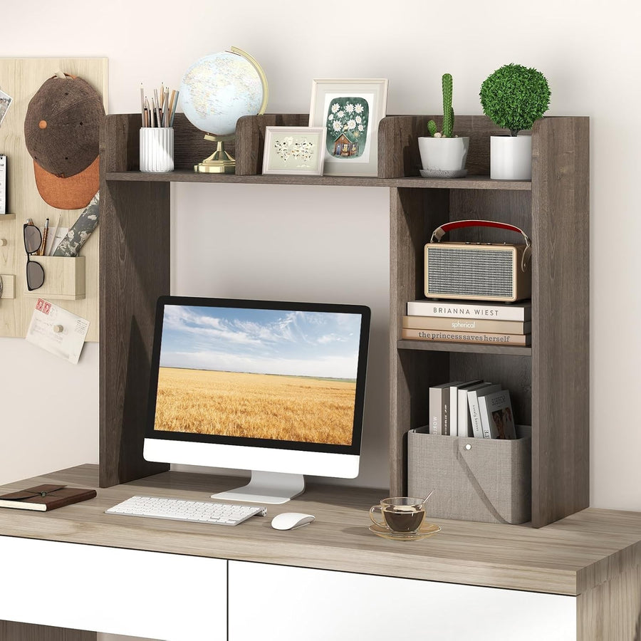 3-Tier Desktop Hutch Bookshelf Space-Saving Desk Organizer Shelf Grey Oak
