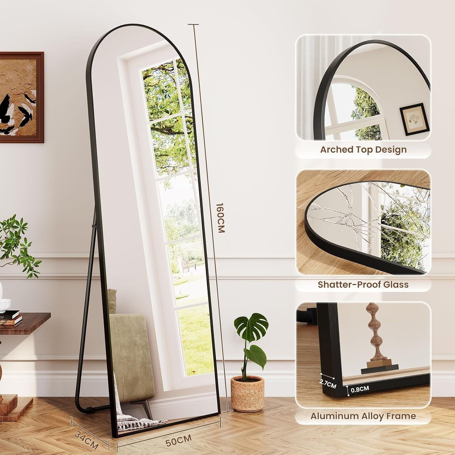 Large Full Length Arched Floor Mirror 160x50cm with Stand, Sleek Metal Frame