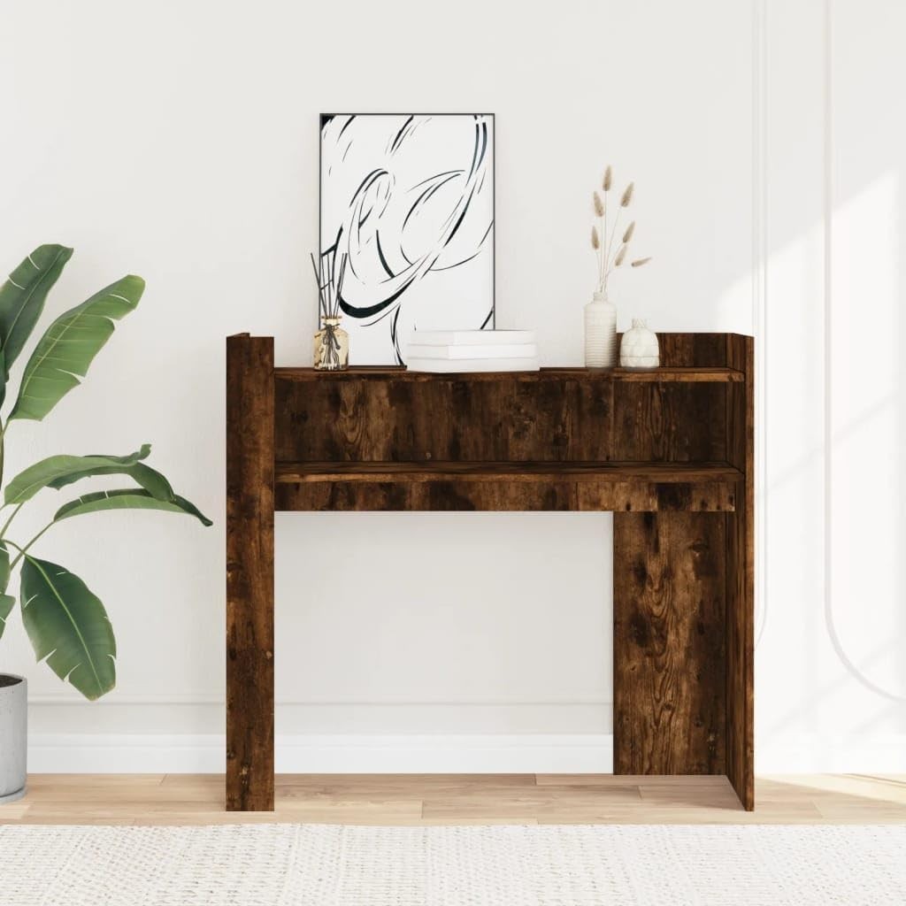 Smoked Oak Console Table with Shelves, Durable Storage, 100x35x90cm