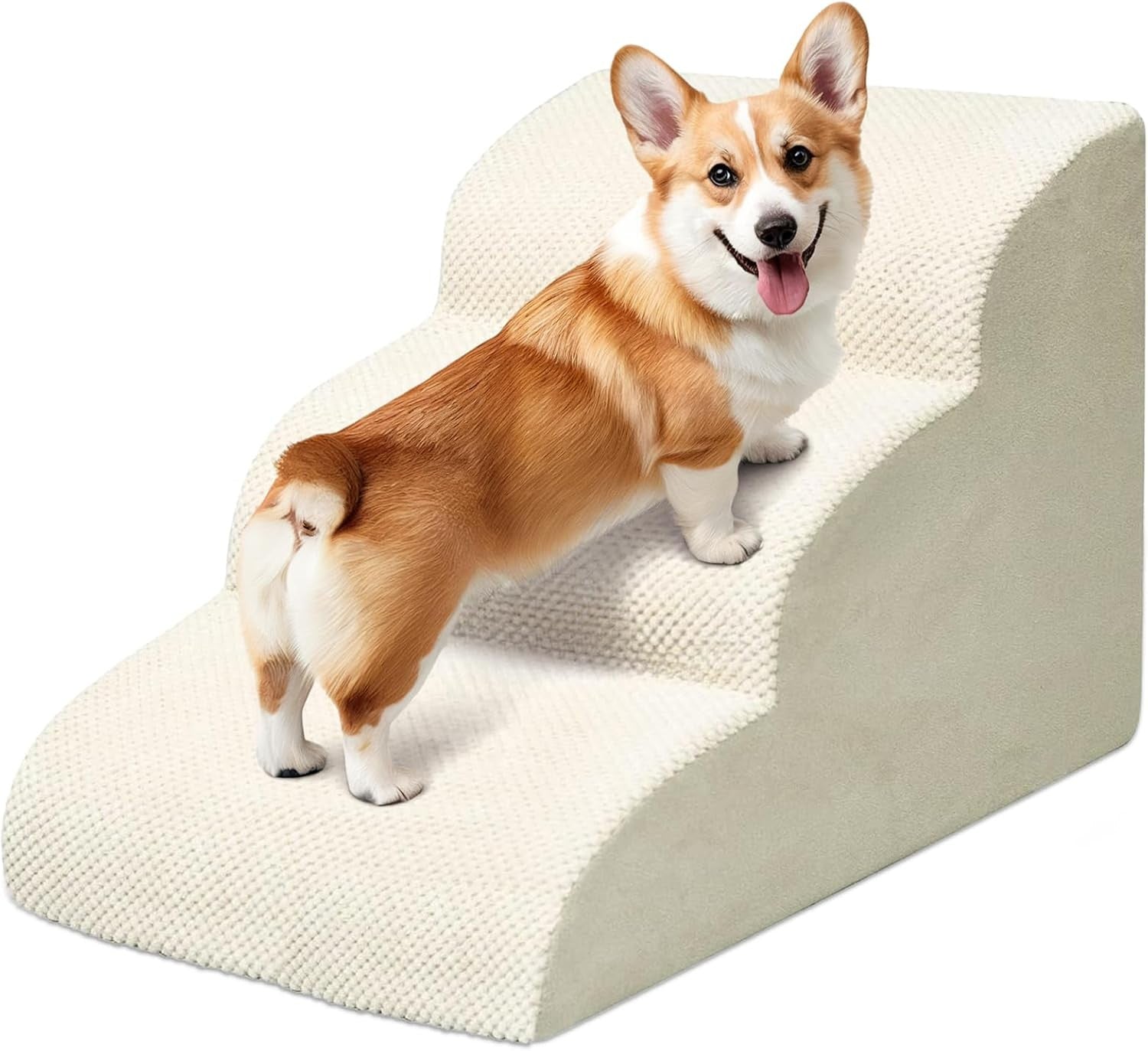 3 Step Dog Stairs Foam Pet Ramp for Sofa Bed Non Slip Beige