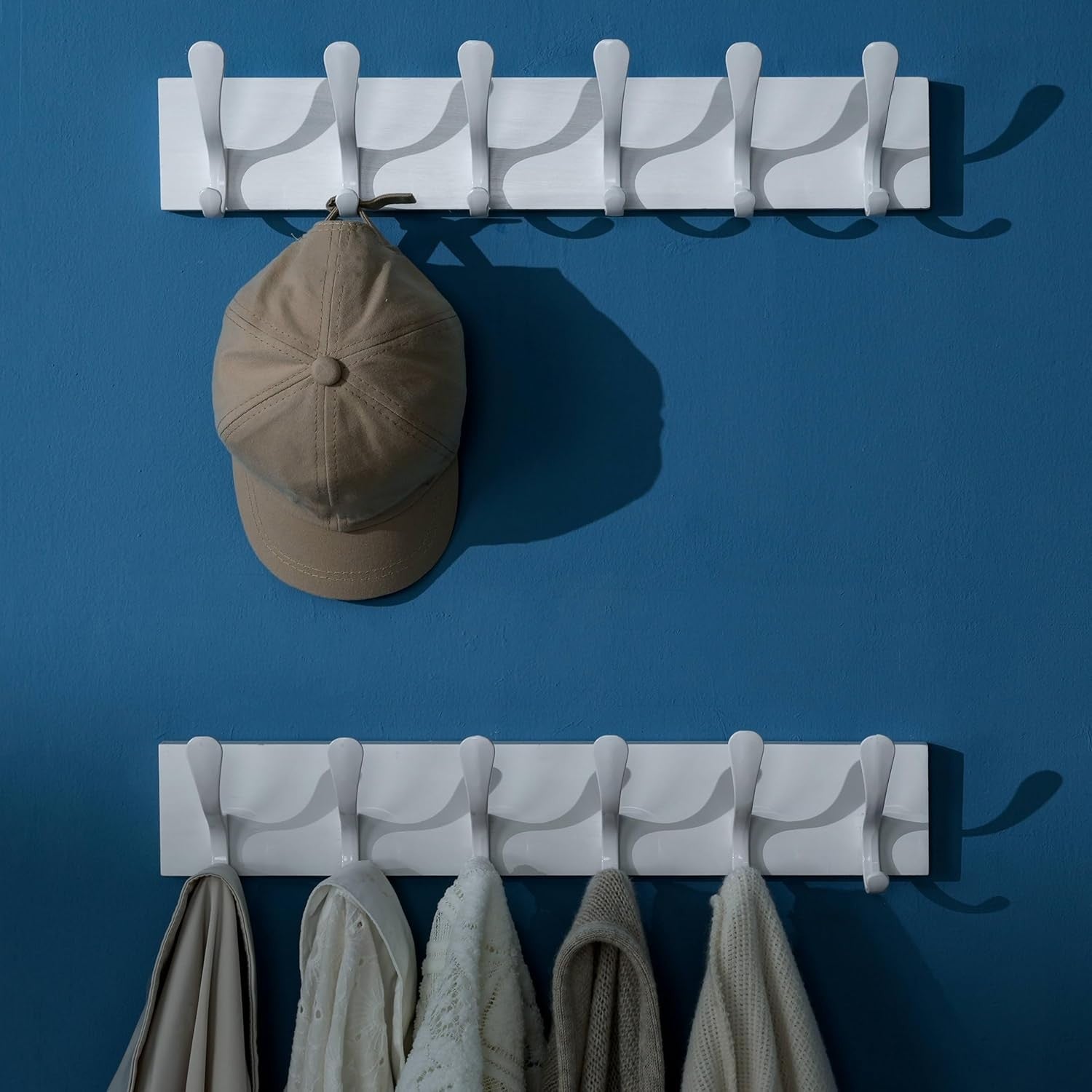 White Wall Coat Rack Set | 2x 6 Hook Wooden Hanger Racks Modern Minimalist
