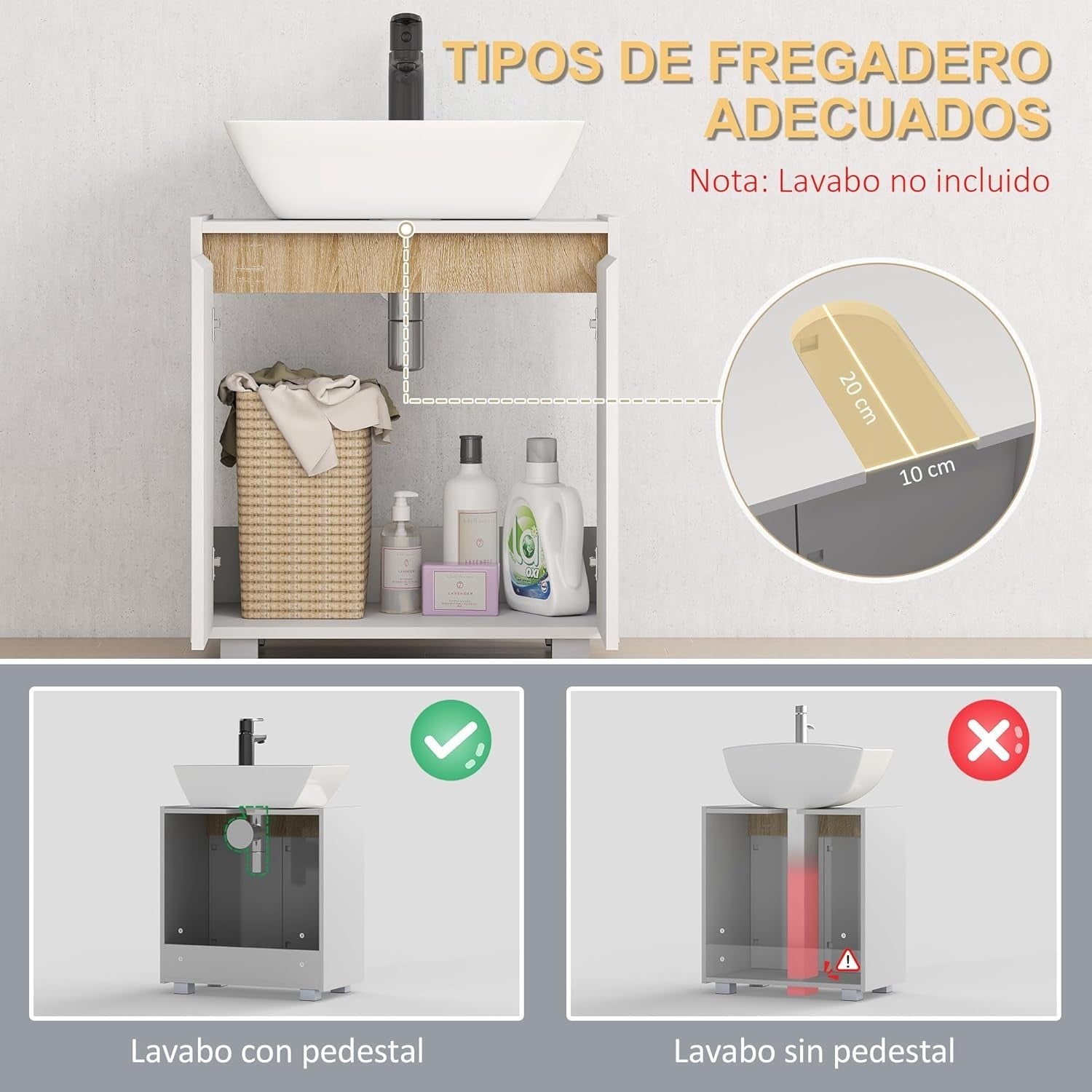 White Under Sink Bathroom Cabinet Storage Unit 2 Door Freestanding 57x60cm