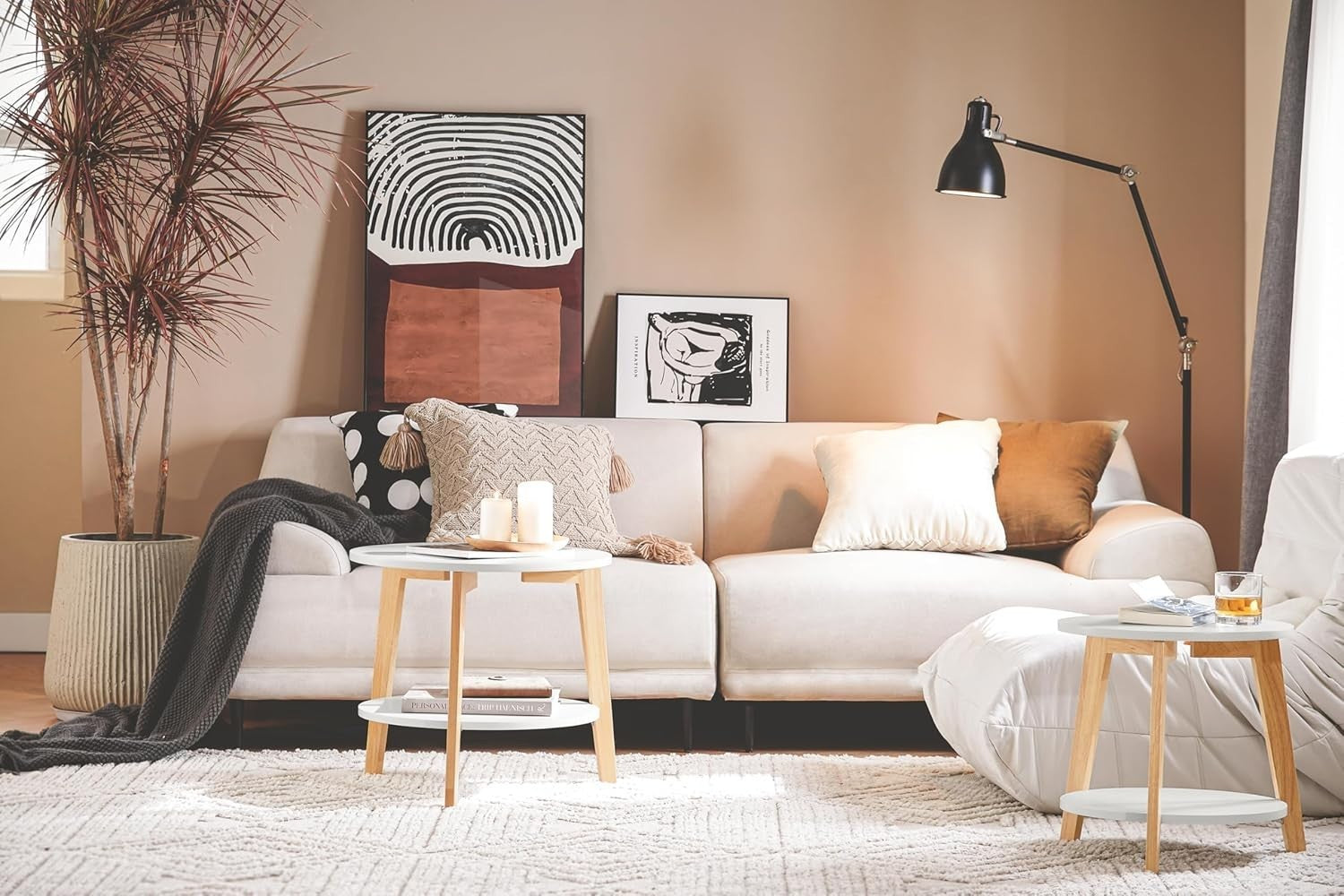 2x Nesting Round Coffee Tables Set Modern White Wood Side End Table Storage