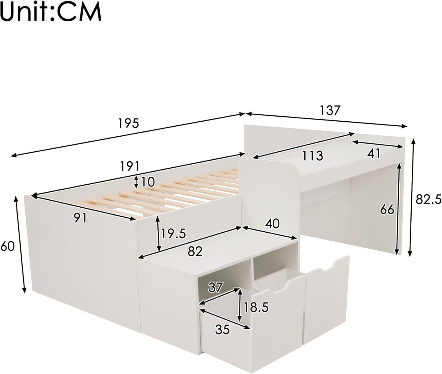 White Wooden Bunk Bed with Desk & Storage Drawers Teen Adult 90x190cm