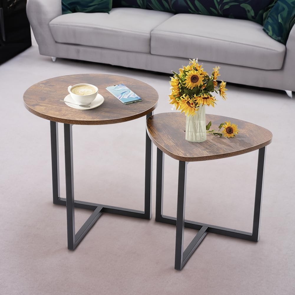 Nest of 2 Round Triangle Coffee Tables Set, Small Space Side End Table Stackable