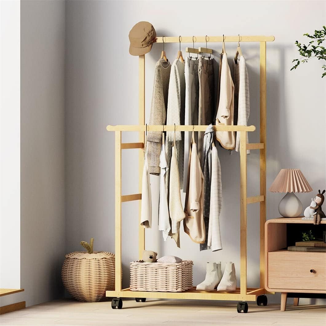 Bamboo Clothes Rail Double Hanging Rack with Wheels & Shelves – 80x40x160cm