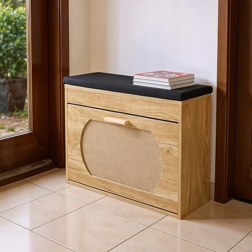 Wood Shoe Storage Bench with Cushion & Flip Drawer – Modern Hallway Seat