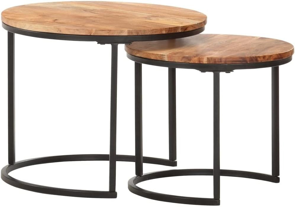 2X Nesting Side Coffee Tables Wood Round Industrial End Set Space Saving Brown