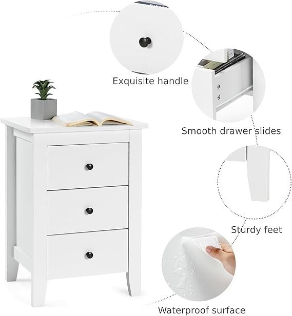 White Wooden Bedside Tables Set of 2 – Modern 3 Drawer Nightstands with Storage