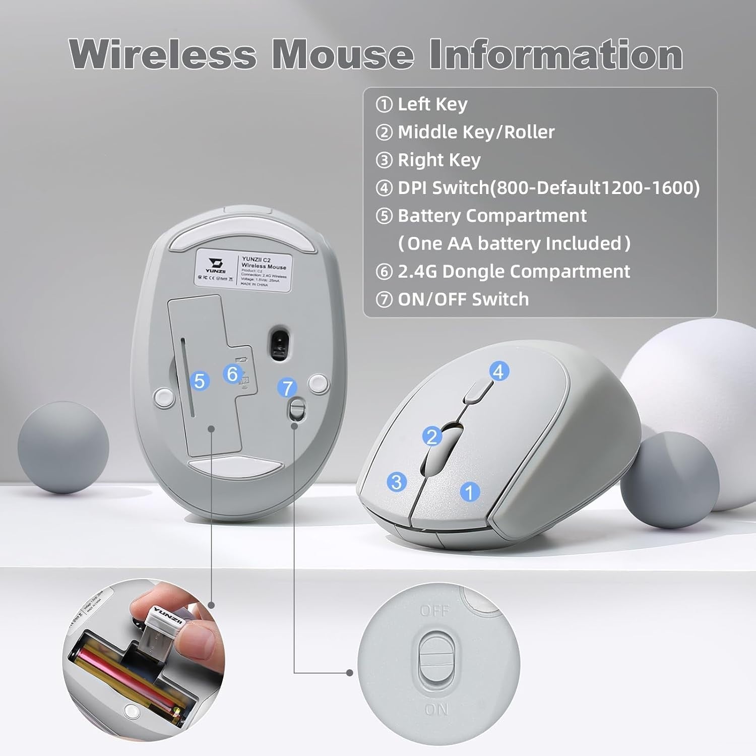 Silent Wireless Mouse 2.4GHz 1600 DPI Portable Ergonomic Laptop PC