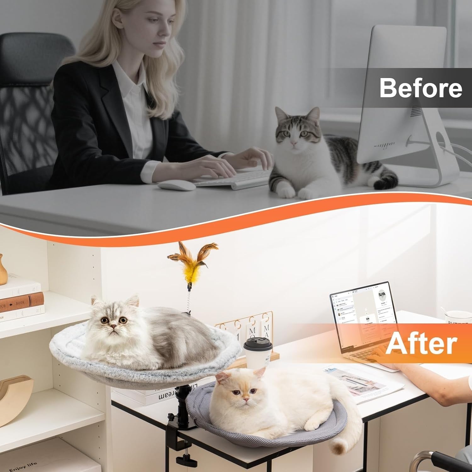 Adjustable Cat Desk Perch 360° Rotating Clamp On Bed w Washable Covers