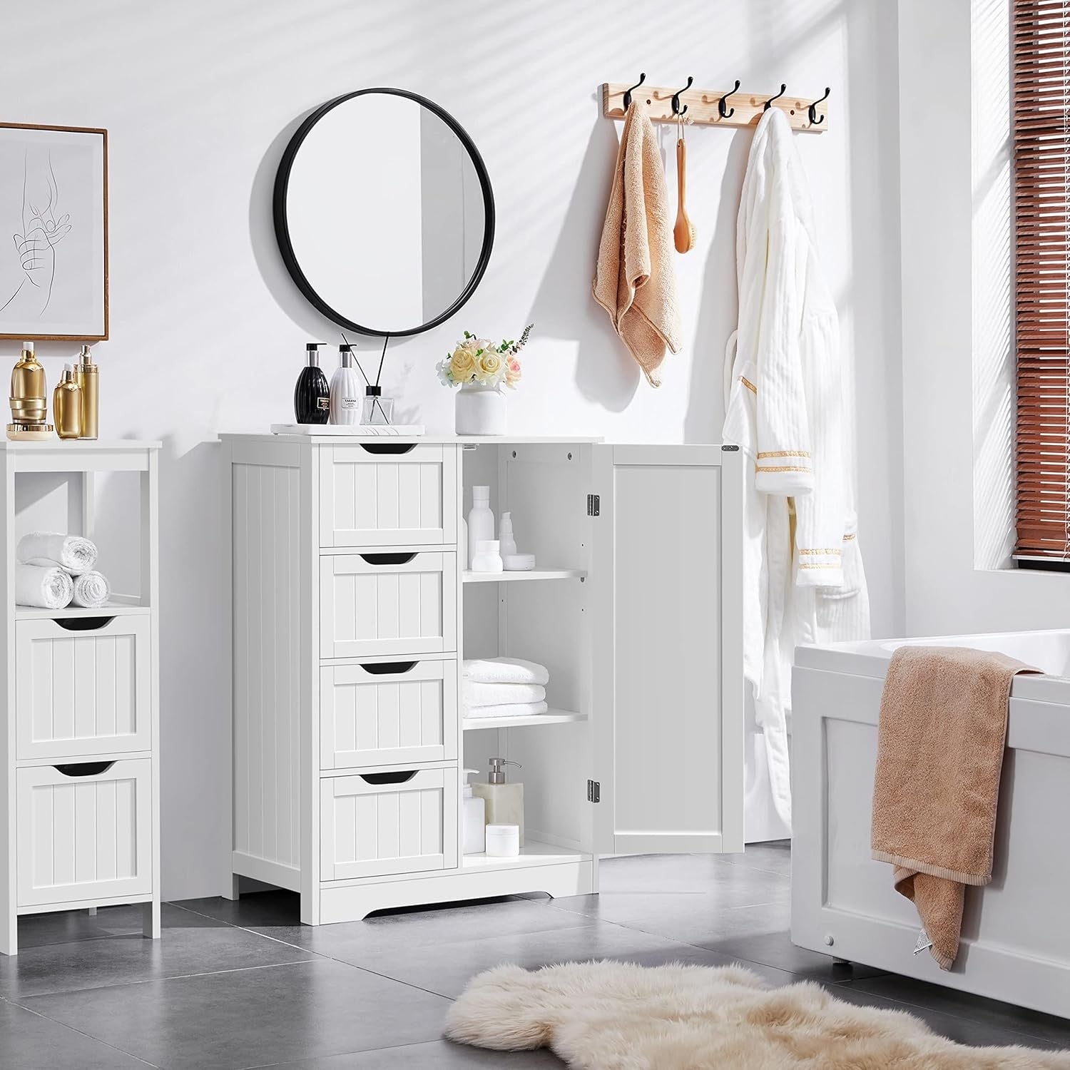 Tall White Bathroom Cabinet 4 Drawer Wooden Storage Cupboard Organizer