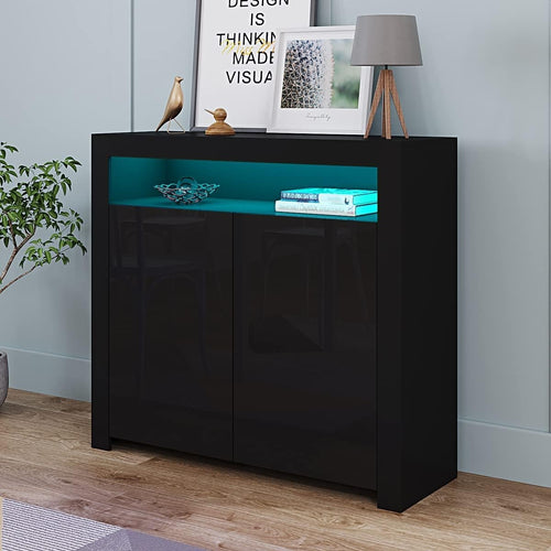High Gloss Black Storage Sideboard with LED Lights | Modern Living Room Cupboard