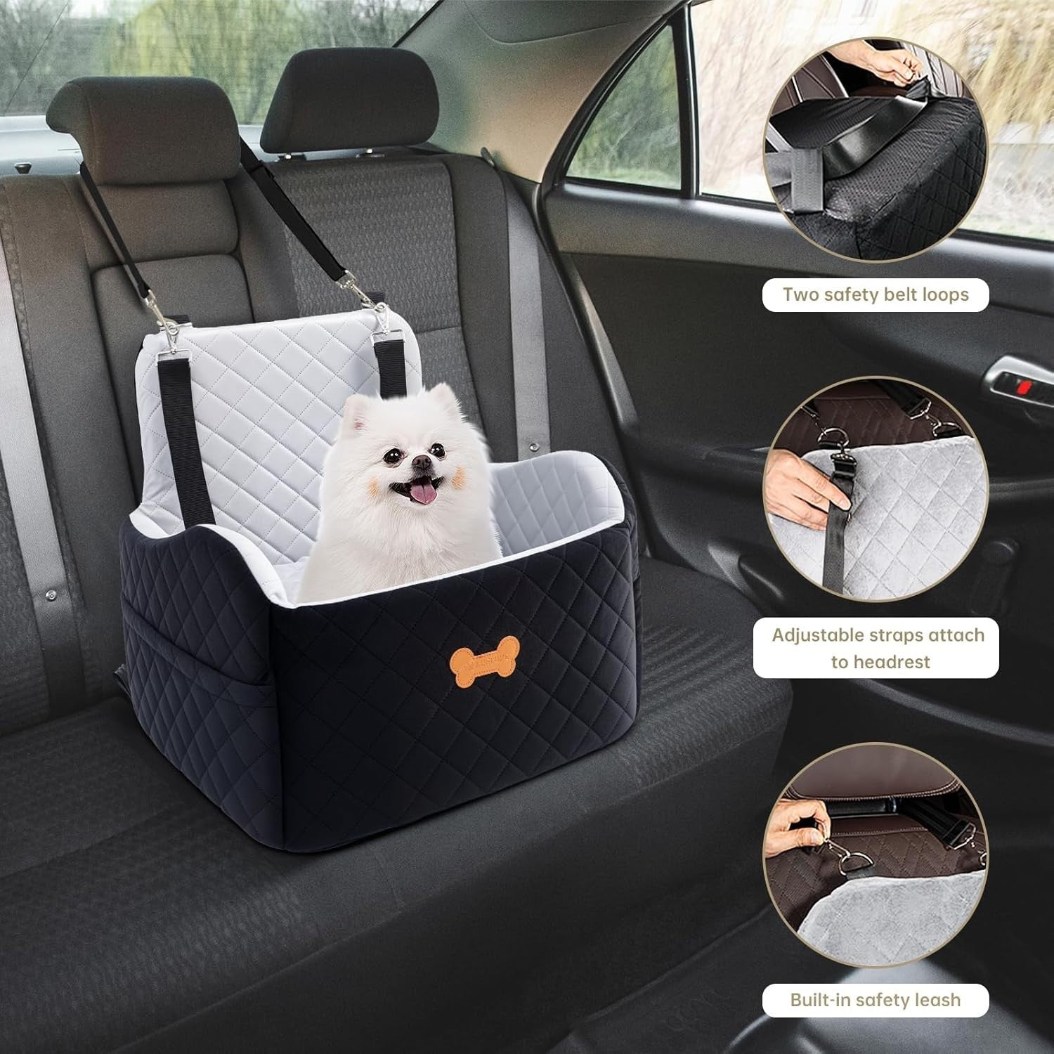 Memory Foam Dog Car Seat Booster Bed 2 Safety Leashes Travel 30lb