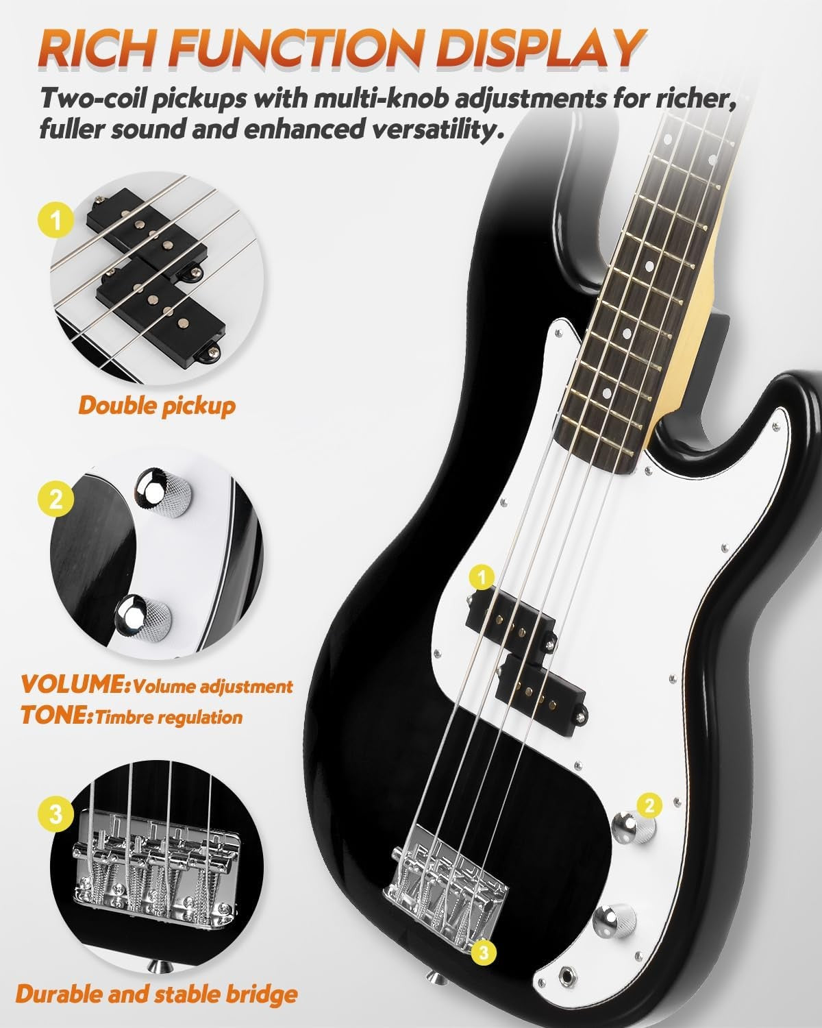 Full Size Electric Bass Guitar Starter Kit 4 String w Amp Black
