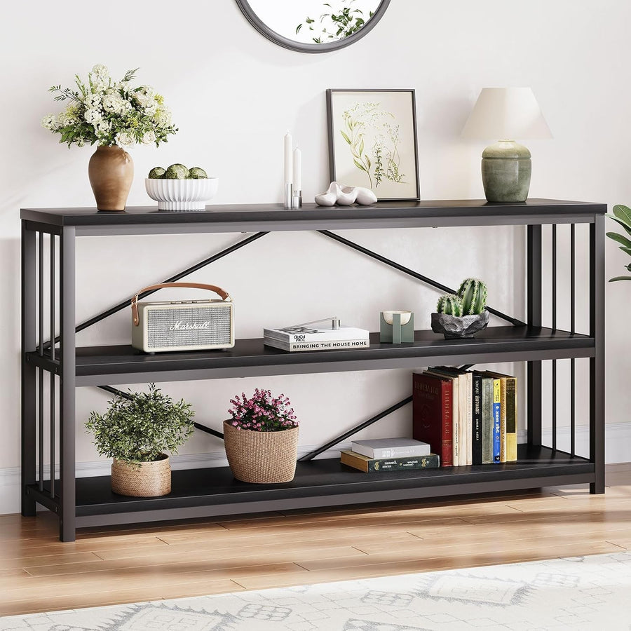 Modern Industrial Black Oak Console Table 160x34x74 cm Storage Shelf