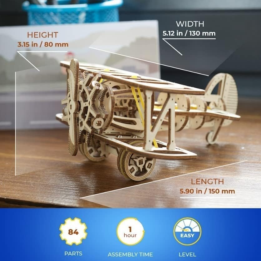 3D Wooden Airplane Puzzle Model Kit with Pull-Back Motor - 84 Pcs DIY Toy
