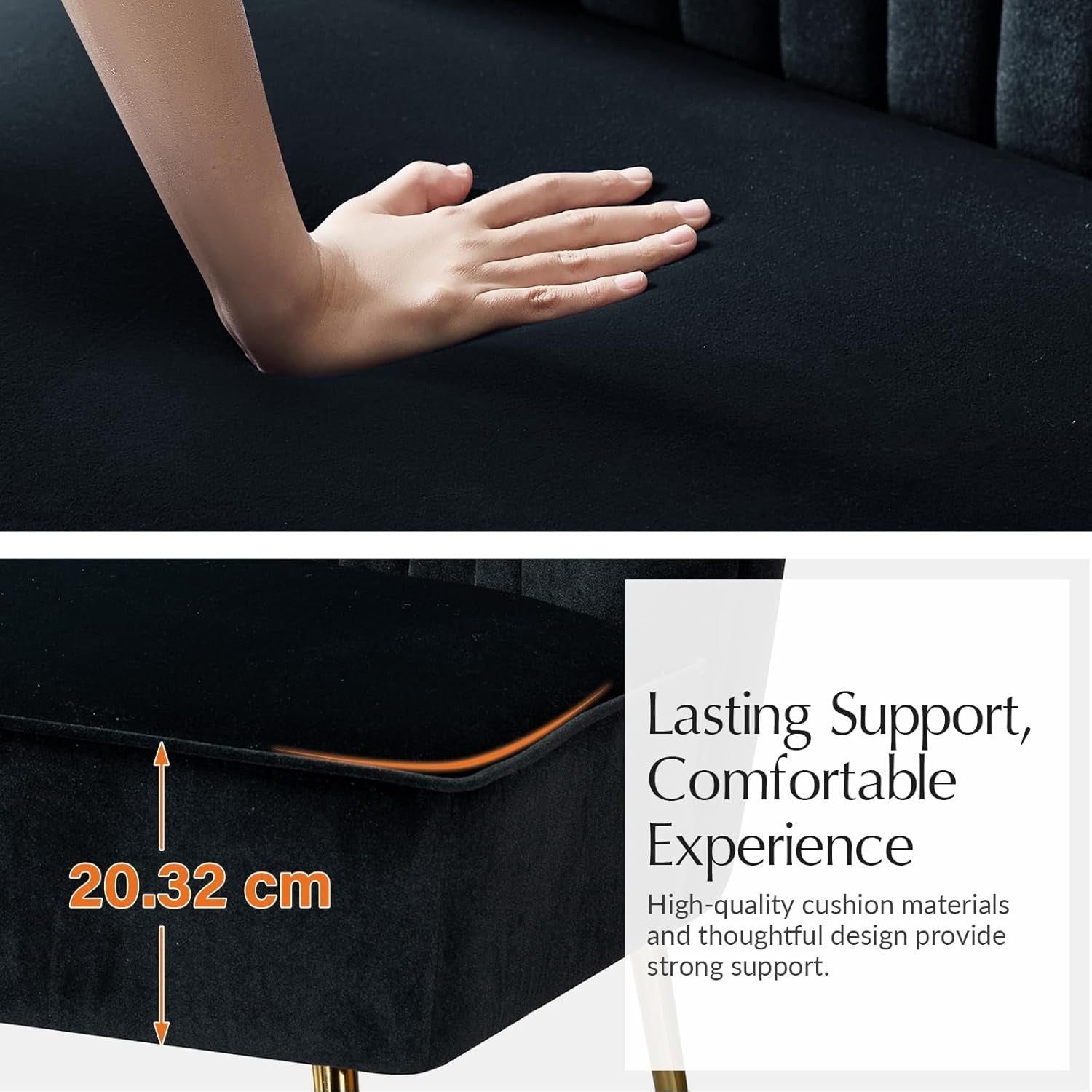Black Velvet 2 Seater Sofa Armless Loveseat Gold Legs for Lounge or Flat