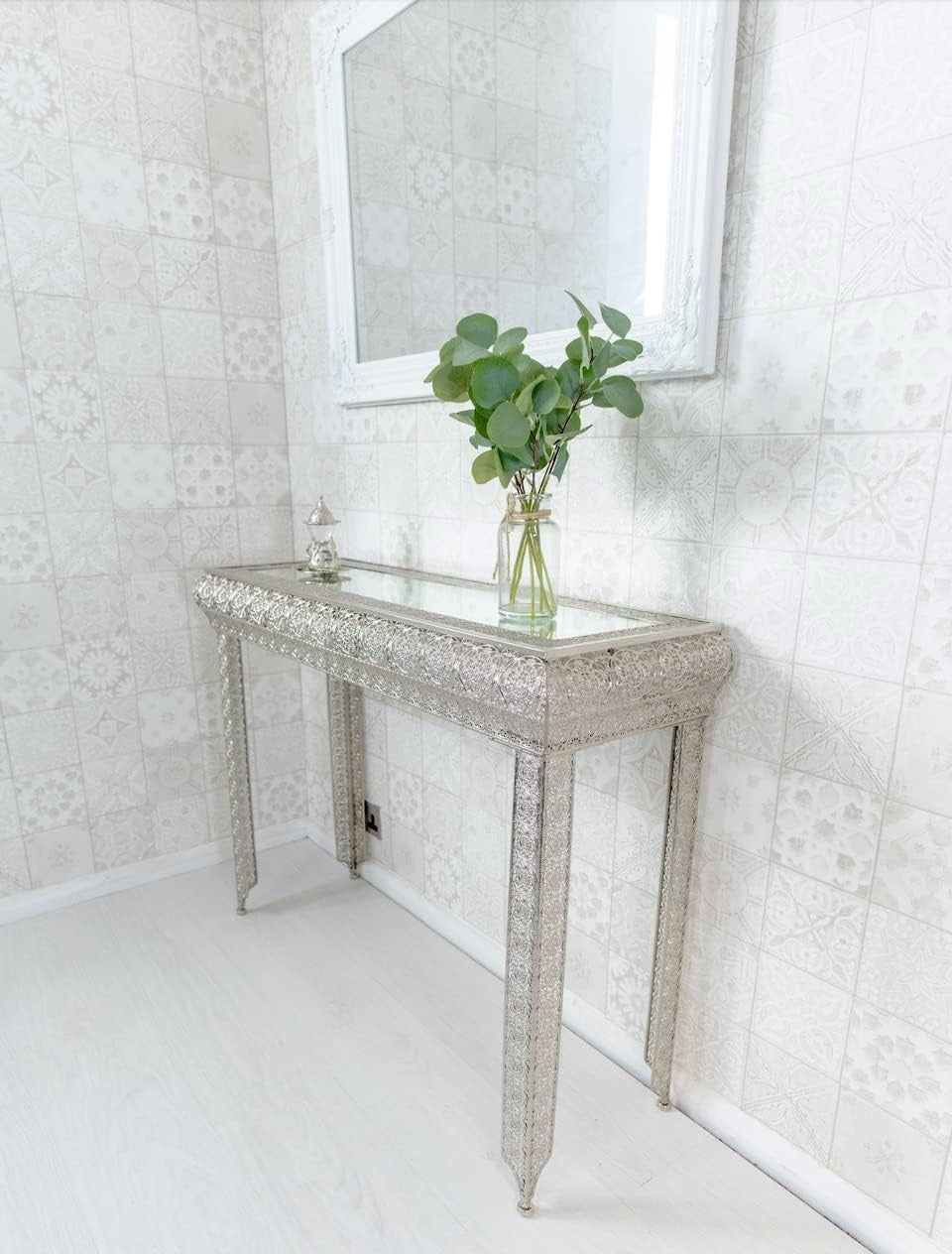 Moroccan Silver Embossed Metal Console Table with Glass Top 33Dx102Wx75H cm