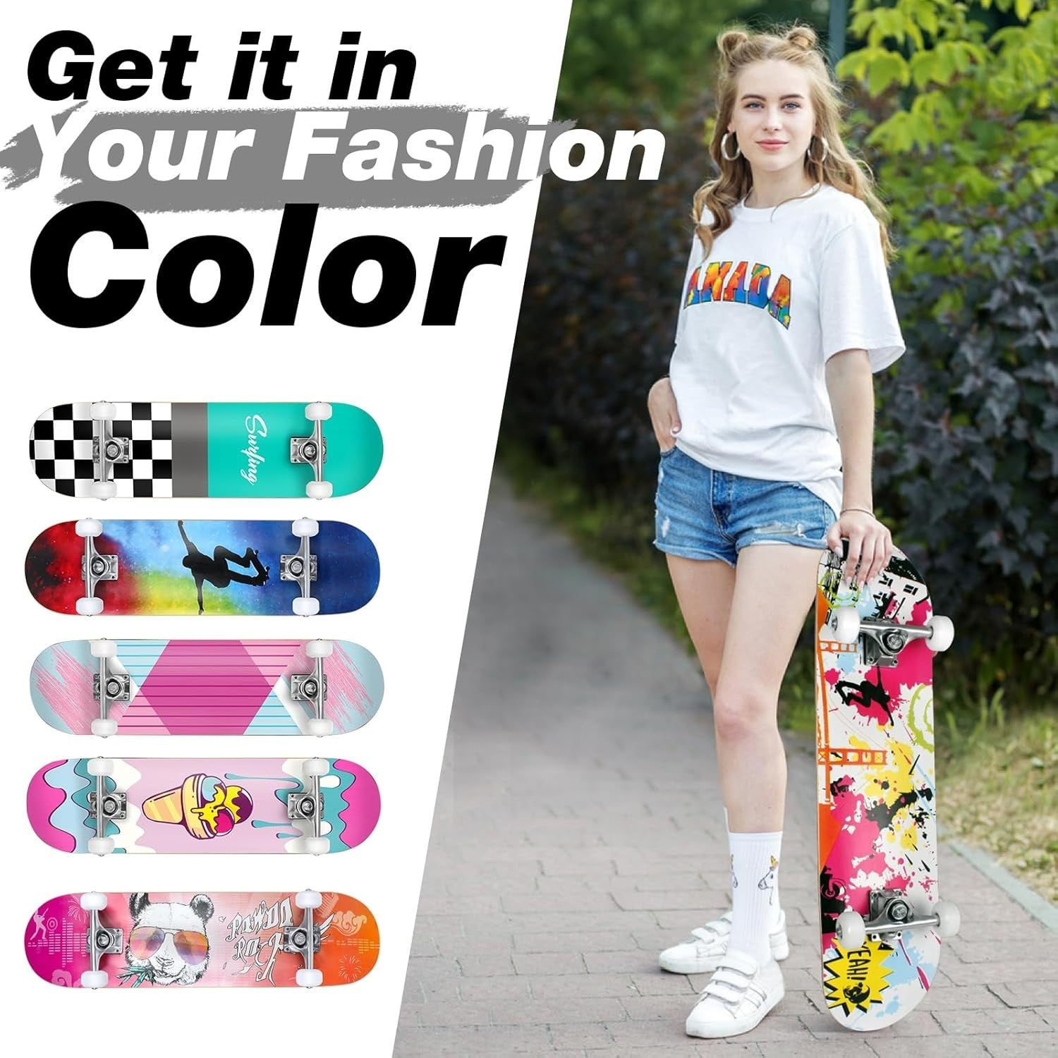 31x8 Complete Skateboard Maple Deck Double Kick Kids Teens Adult Multi