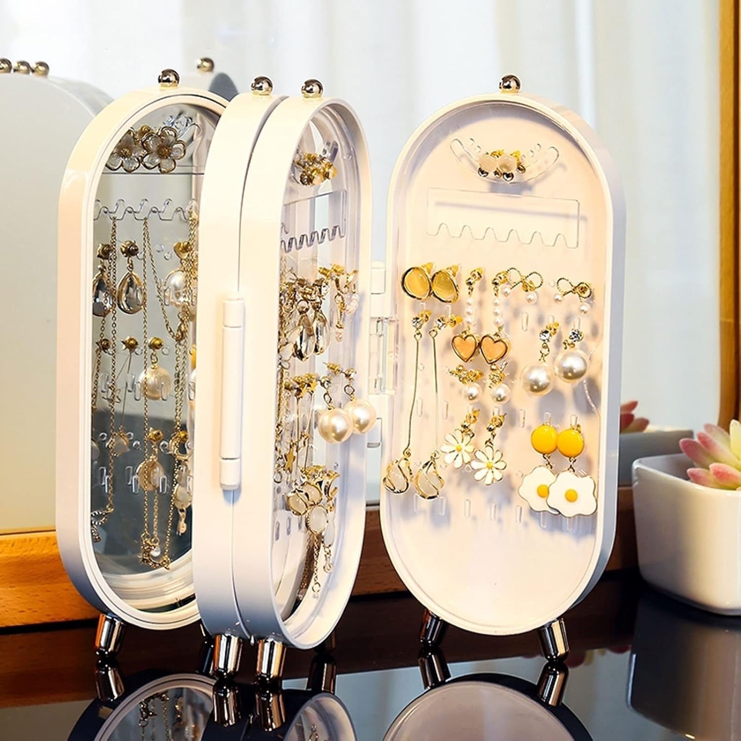 Travel Jewelry Box Organizer with Mirror Folding Case for Rings Earrings