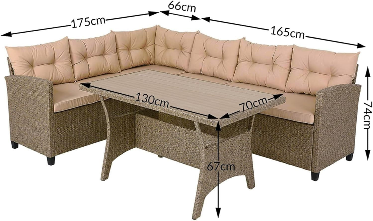 Outdoor Rattan Garden Corner Sofa Set with Cushions & WPC Table, Seats 6+