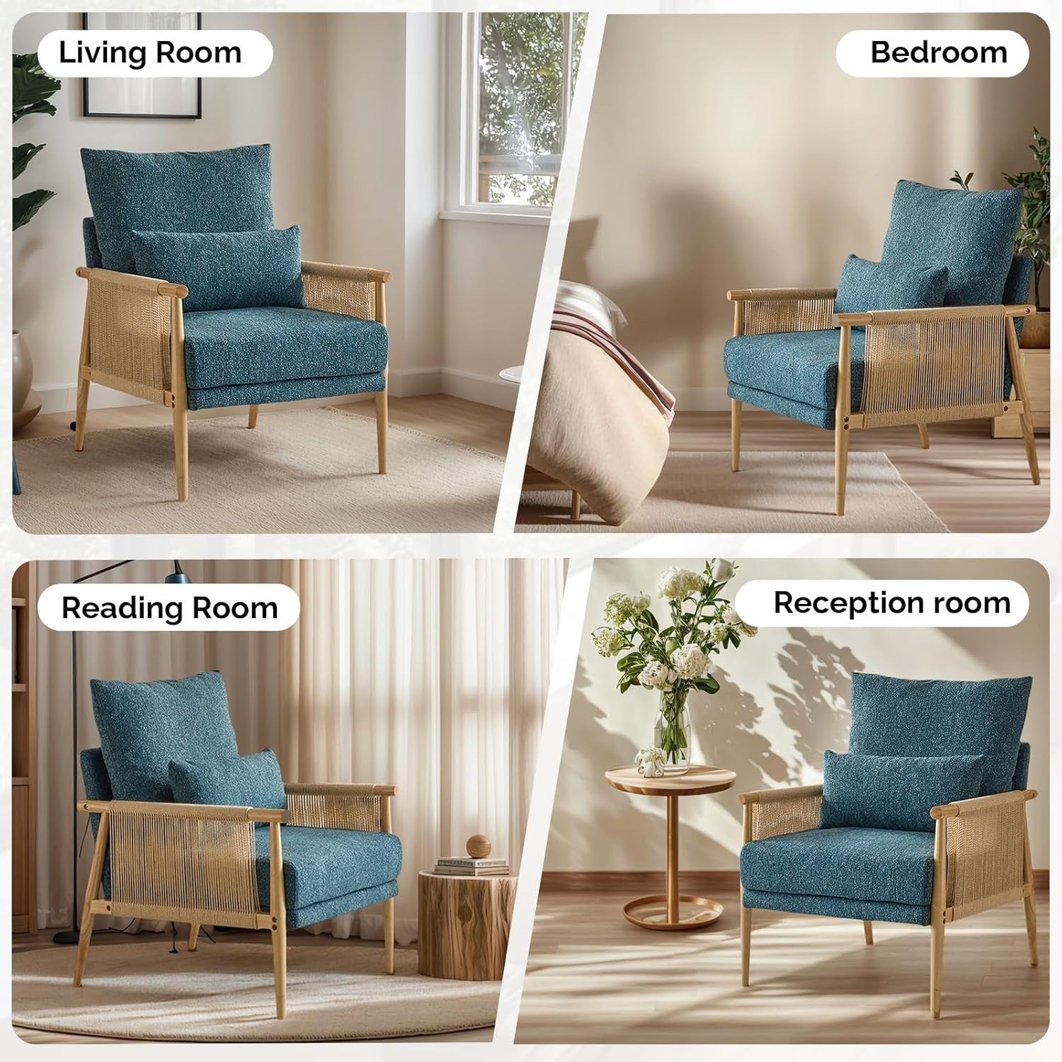 Mid-Century Modern Accent Chair with Cushioned Seat & Solid Wood Armrests
