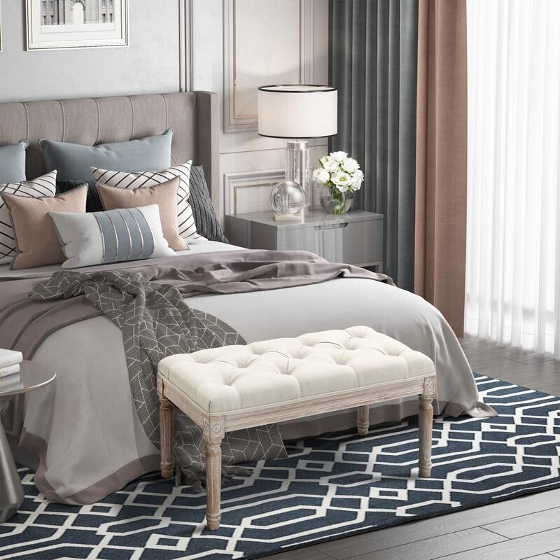Beige Tufted Fabric End of Bed Bench Seat Vintage Ottoman Stool w/ Wood Legs