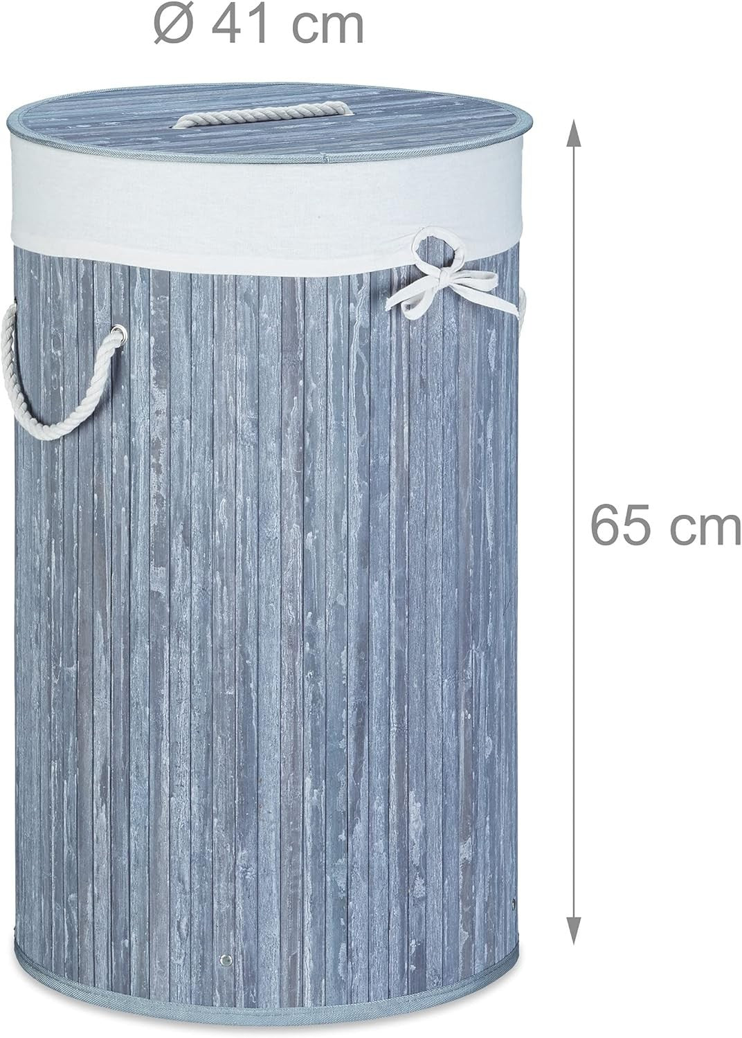 Grey Round Bamboo Laundry Basket 80L with Lid & Cotton Liner Foldable 65×41cm