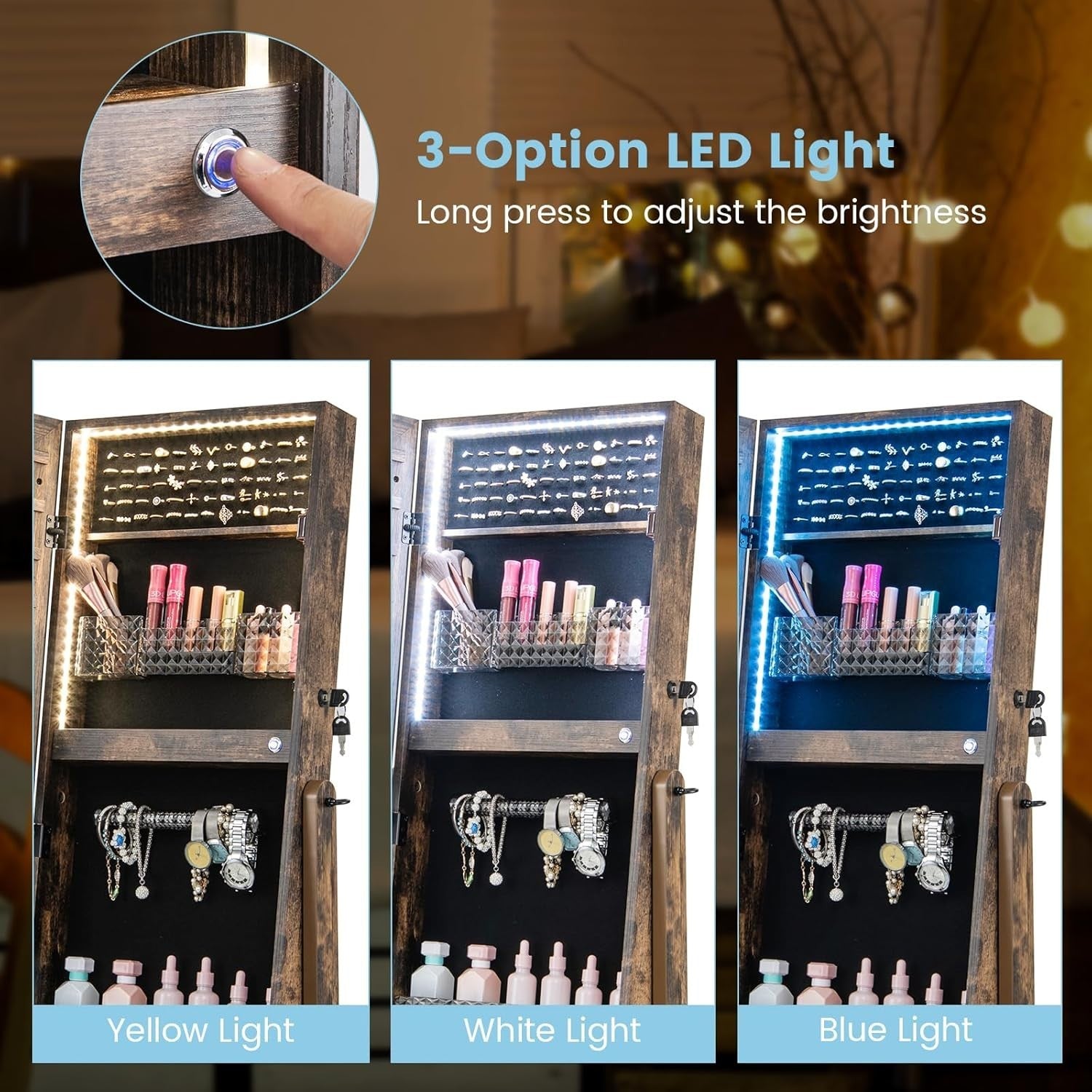 Rustic Brown LED Jewelry Cabinet Mirror Lockable 3-Color Light Storage