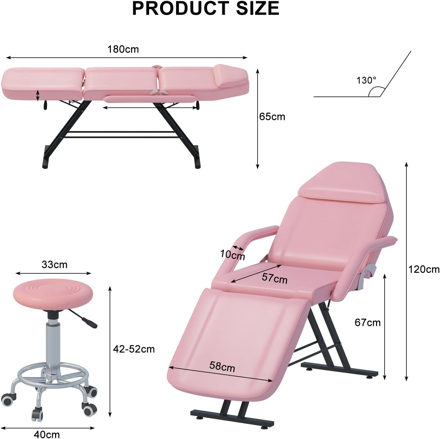 Adjustable 3-Section Massage Bed w/ Armrests & Hydraulic Stool Pink Heavy-Duty