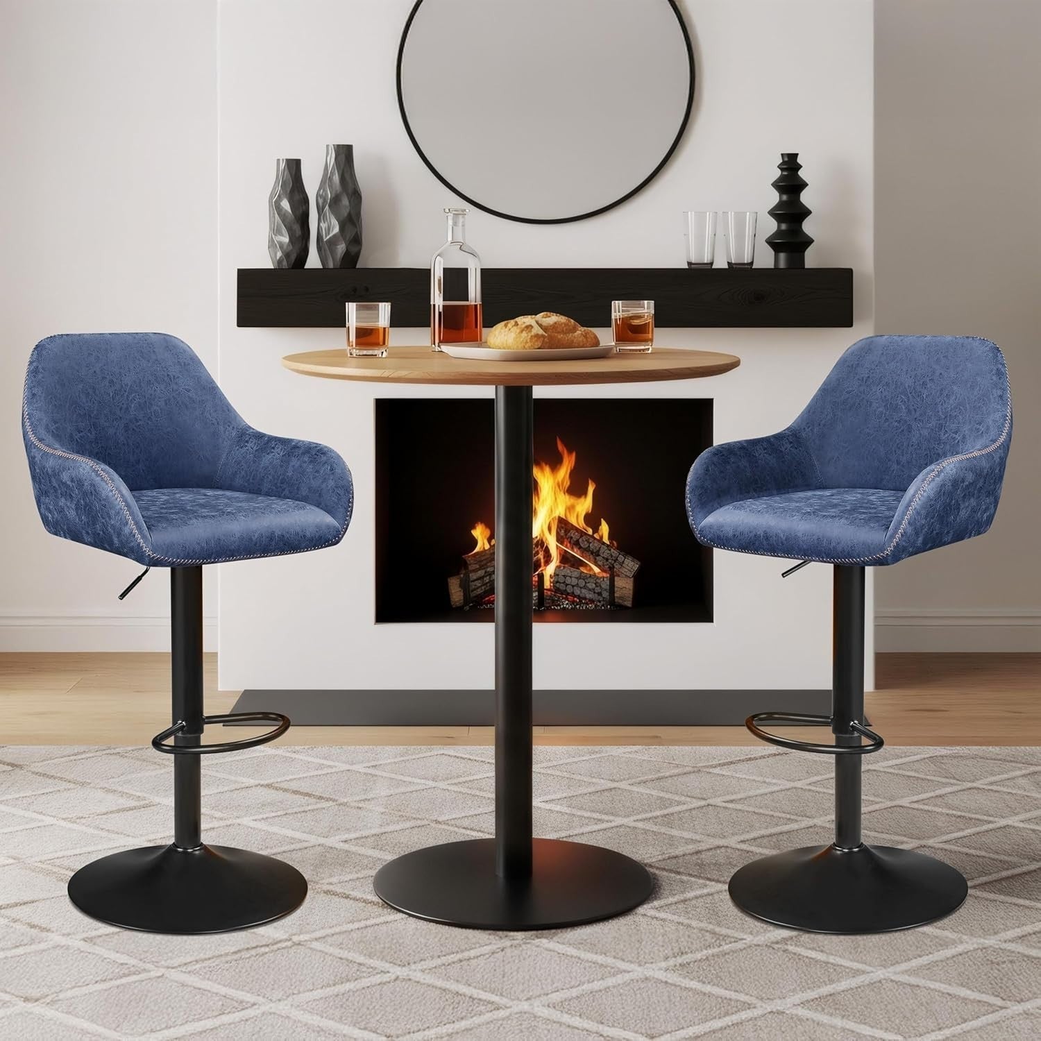 Adjustable Swivel Bar Stools Set of 2 Blue Faux Leather Chairs