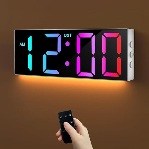 12" RGB LED Digital Wall Clock Large Display Auto-Dim Night Light Modern Bedroom
