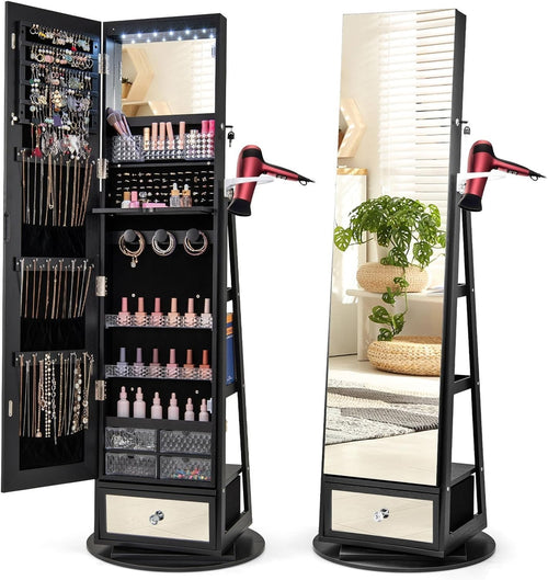 360° Swivel Jewelry Cabinet LED Mirror Lockable Makeup Storage