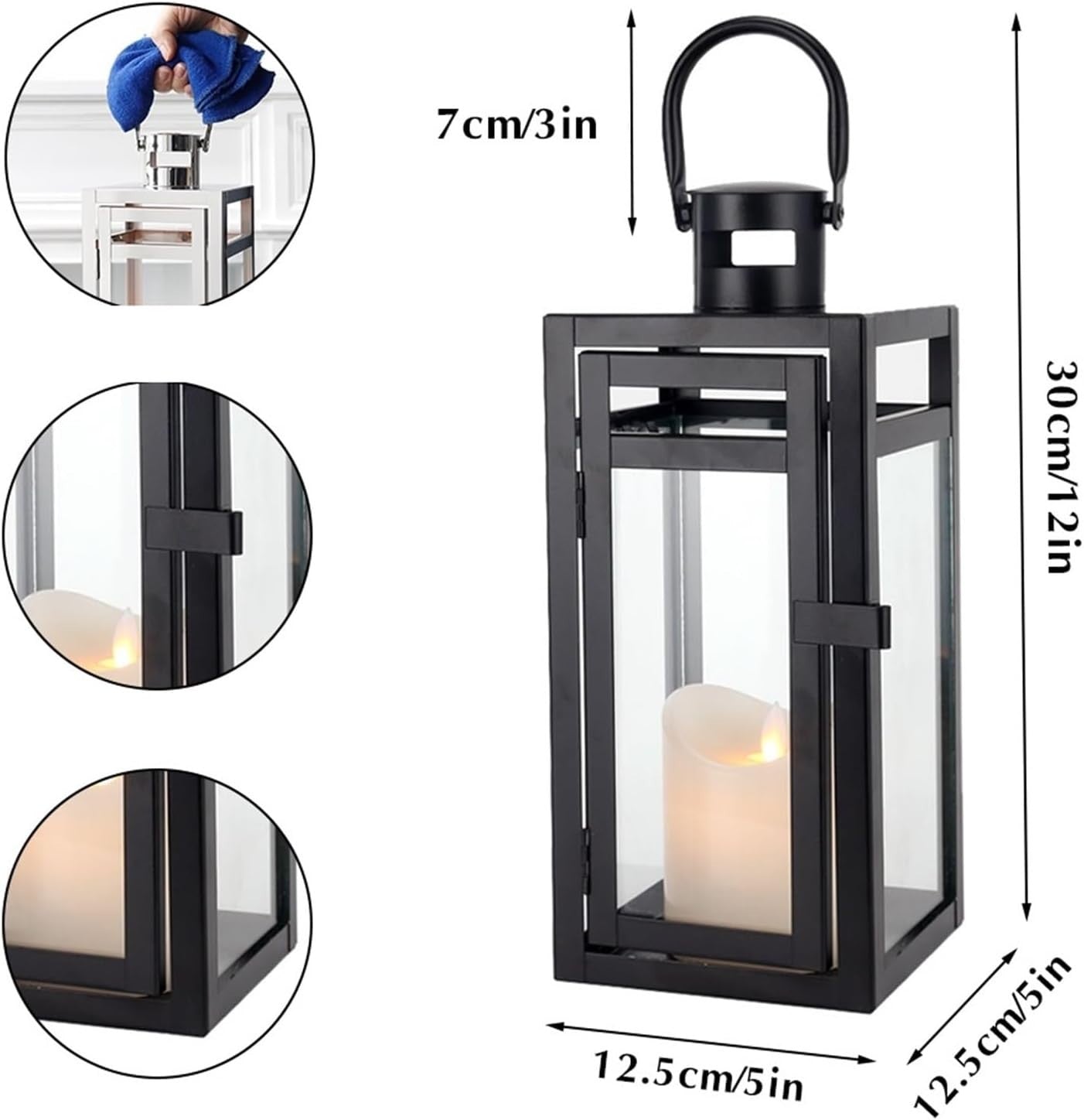 Decorative Black Metal Lantern Candle Holder with Glass for Indoor Outdoor