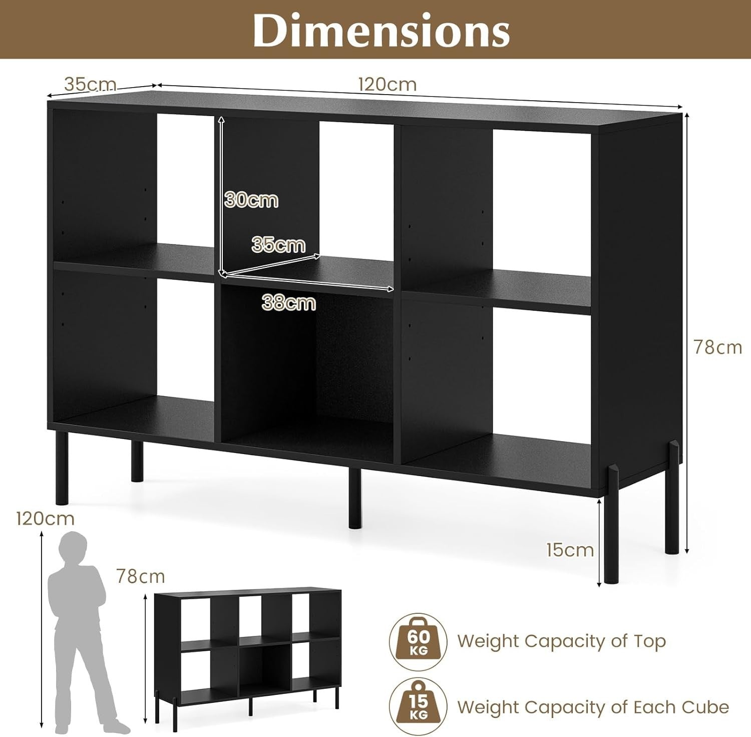 Black 6-Cube Adjustable Storage Bookcase with Metal Legs 120x35x78cm