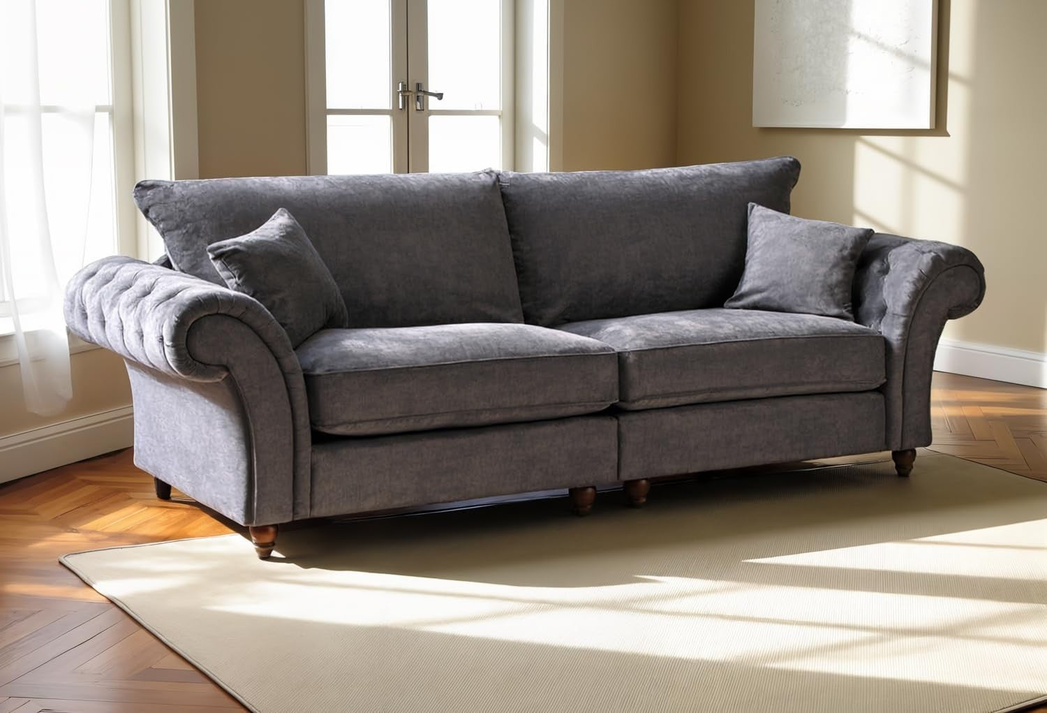 Grey 4 Seater Sofa with Chenille Fabric & Button-Tufted Scroll Arms.