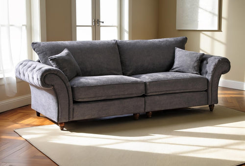 Grey 4 Seater Sofa with Chenille Fabric & Button-Tufted Scroll Arms.