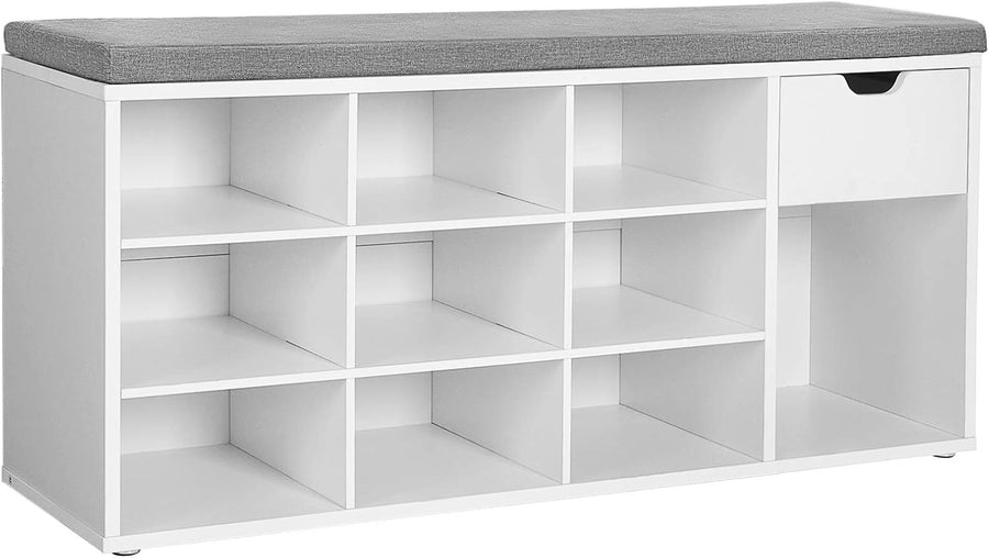 Shoe Storage Bench with Cushion, Drawer & Open Compartments White/Grey