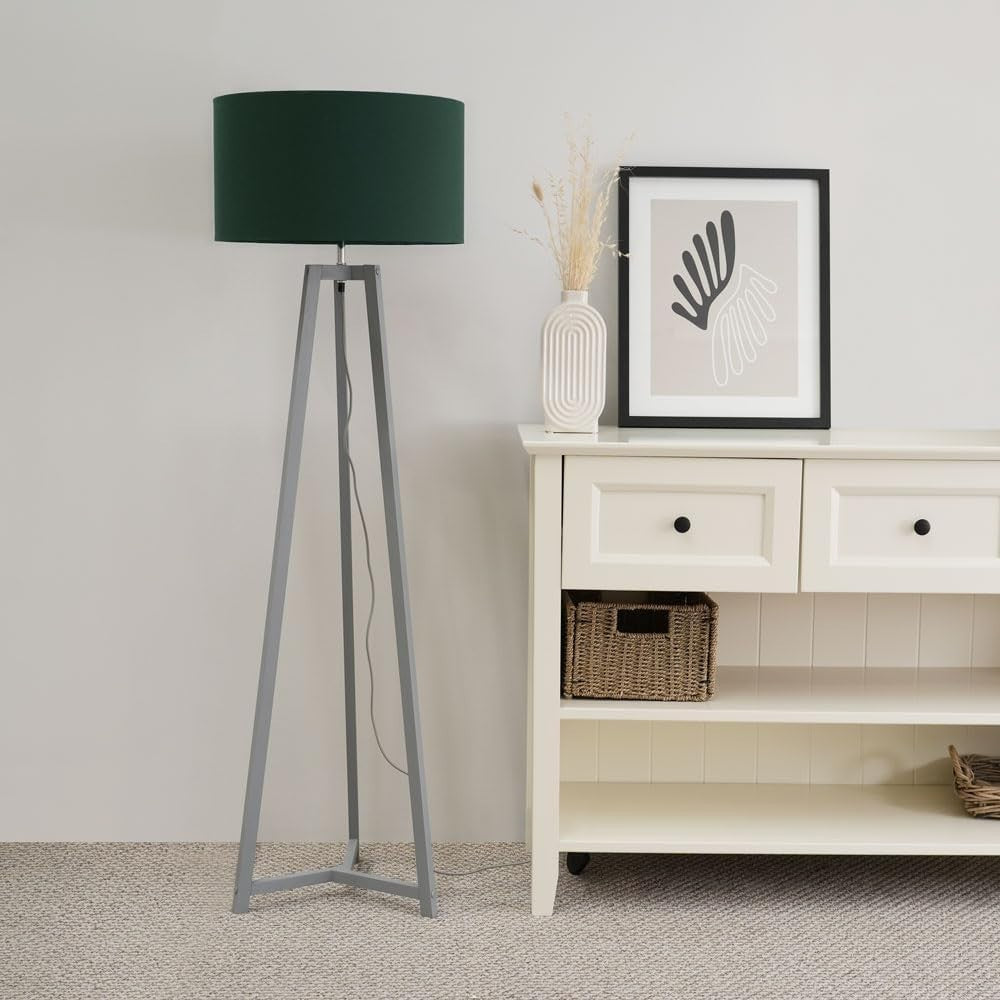 Grey Wooden Tripod Floor Lamp Forest Green Drum Shade LED Light