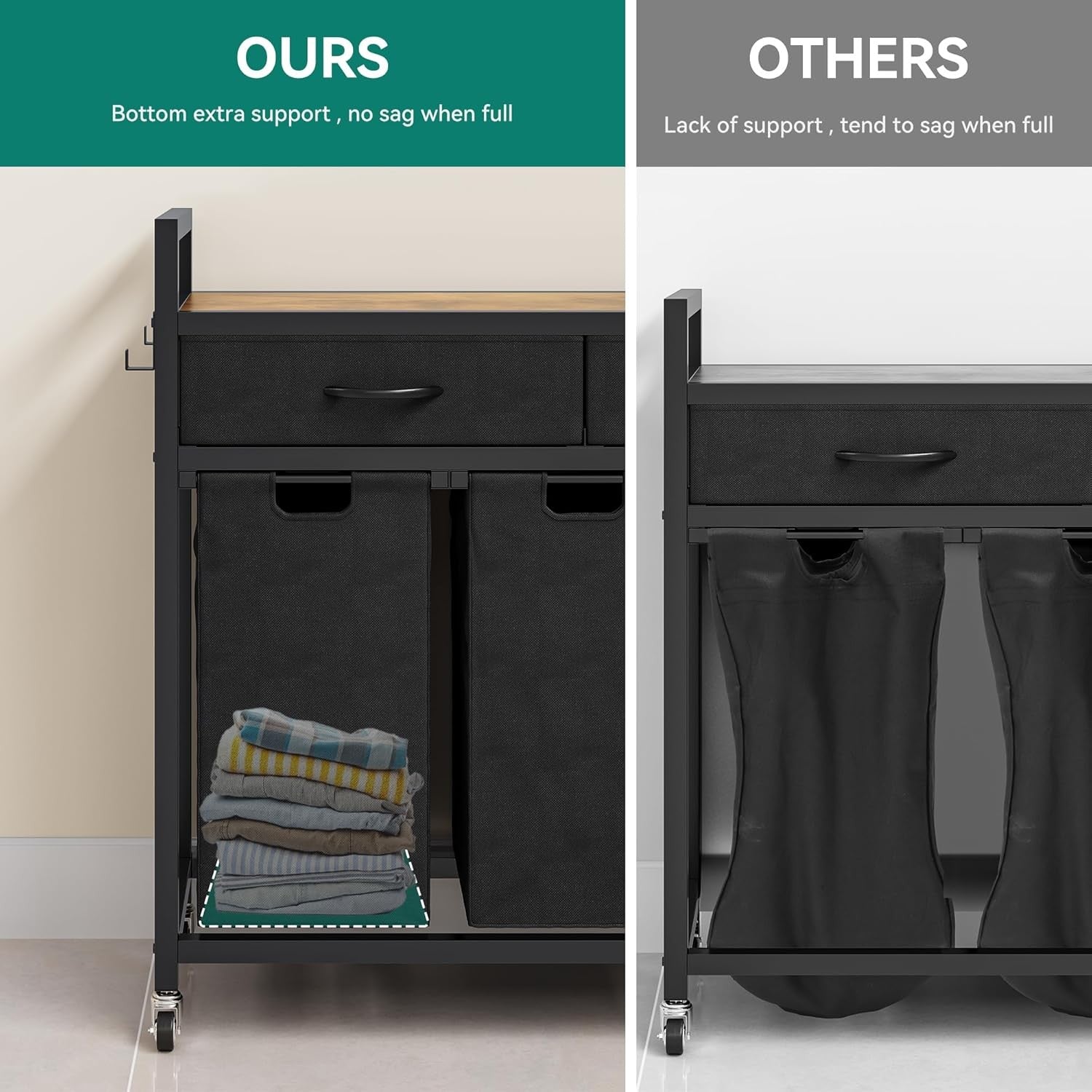 4-Compartment Laundry Sorter on Wheels with Shelf & 2 Drawers | 3 Removable Bags